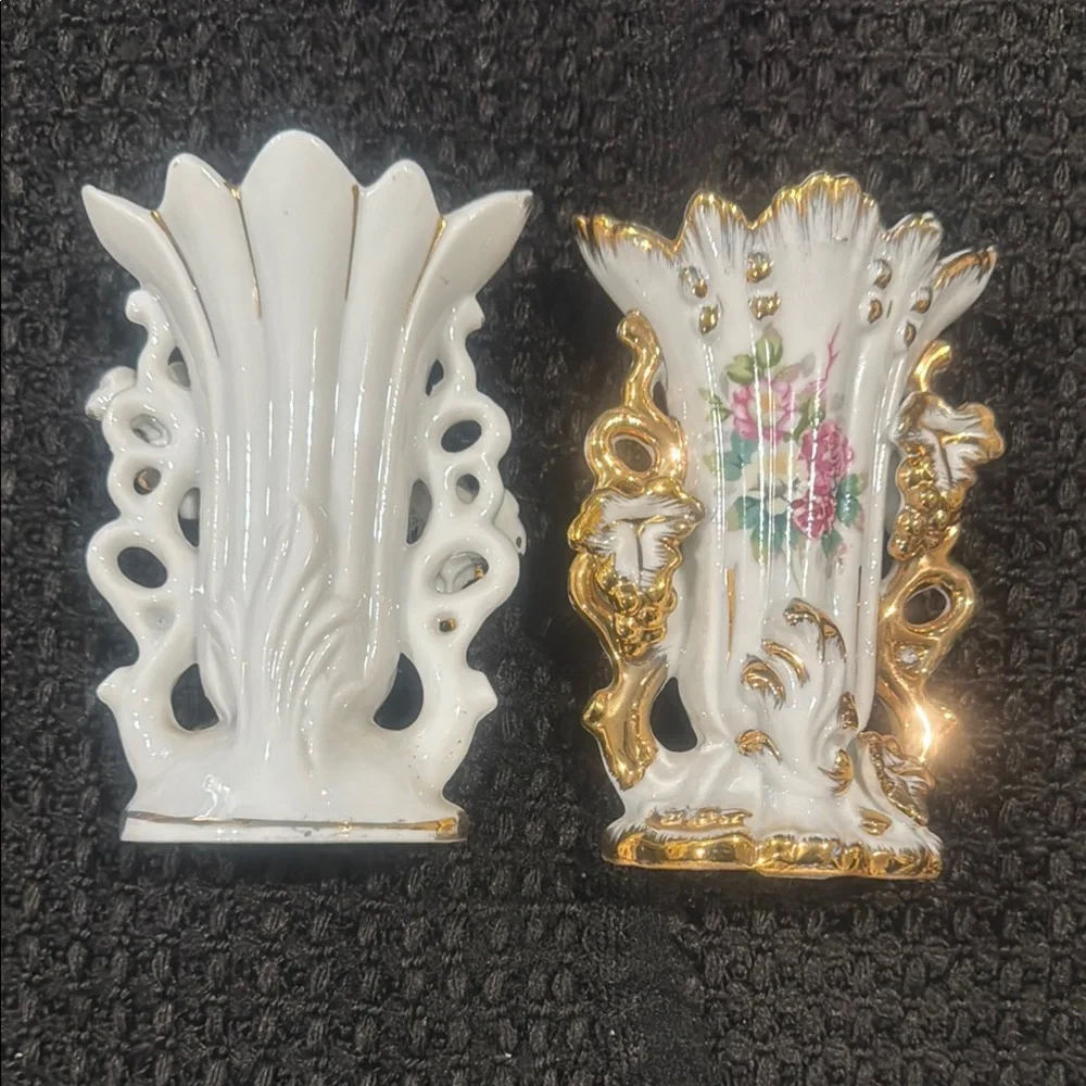 Vintage Victorian Style White Porcelain Vases with Gold Trim